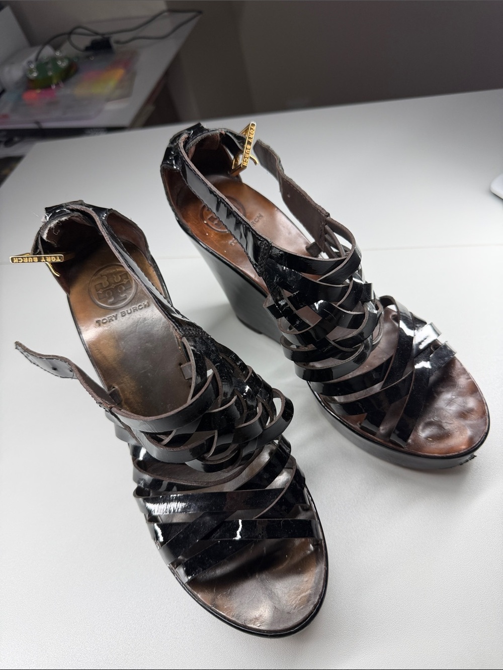 Tory Burch Black Patent Strappy Wedge Sandals